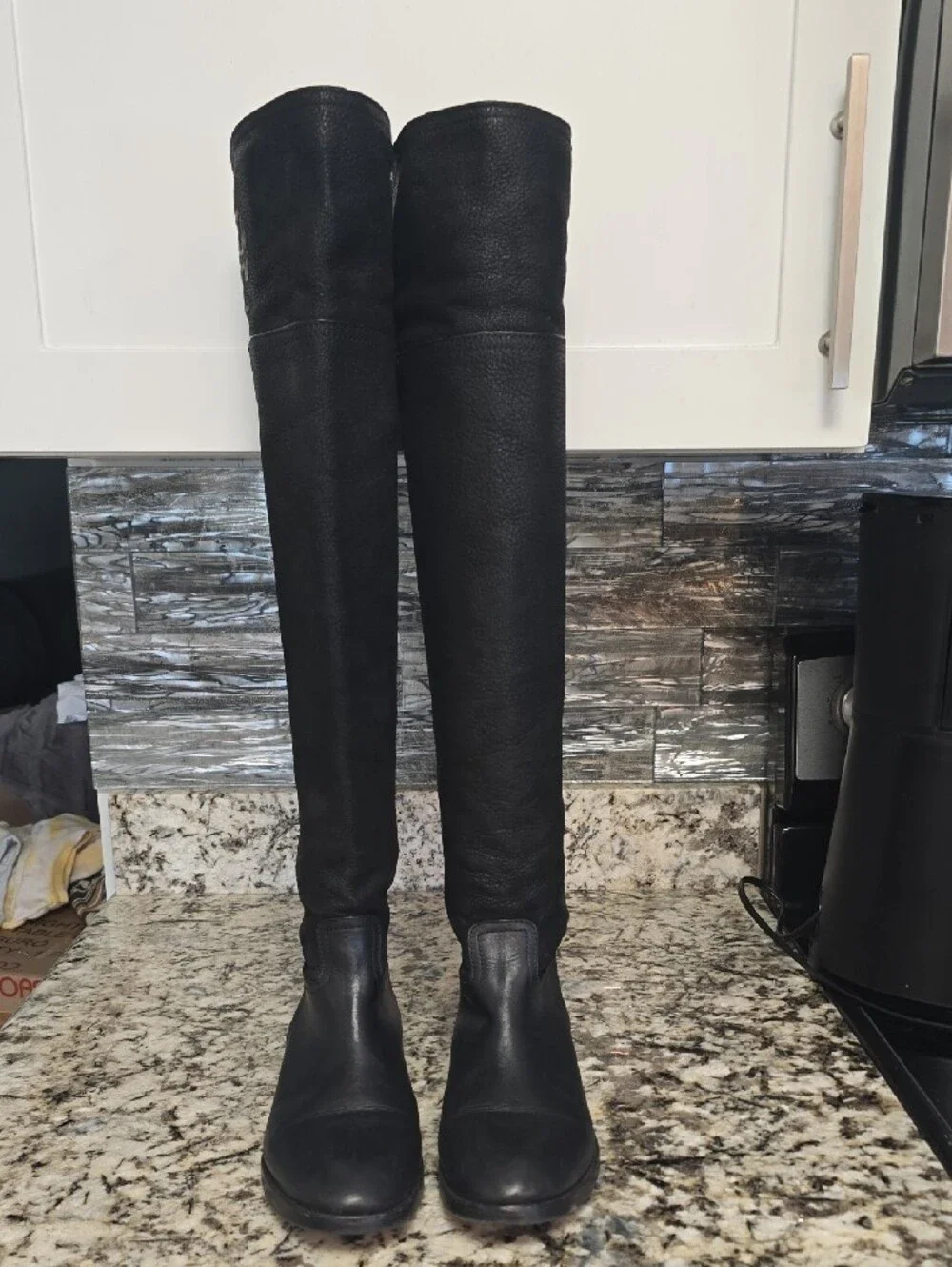 Tory Burch Black Leather Knee-High Riding Boots with Embossed Logo